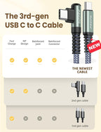AINOPE USB C Cable to USB C 60W 3-Pack 3.3FT+6.6FT+10FT Nylon Braided Type C Charger Fast Charging Right Angle USBC to USBC Cable Charger Cord for iPhone 16 Pro Max 15 Samsung S25 Ultra S24 iPad Pro