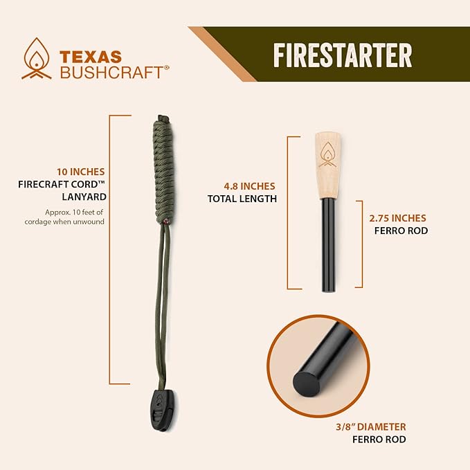 Texas Bushcraft Fire Starter Survival Kit - Ferro Rod Flint Fire Steel, Striker Tool | Cowhide Leather Tinder Bag | Emergency Paracord Bracelet Camping Gear