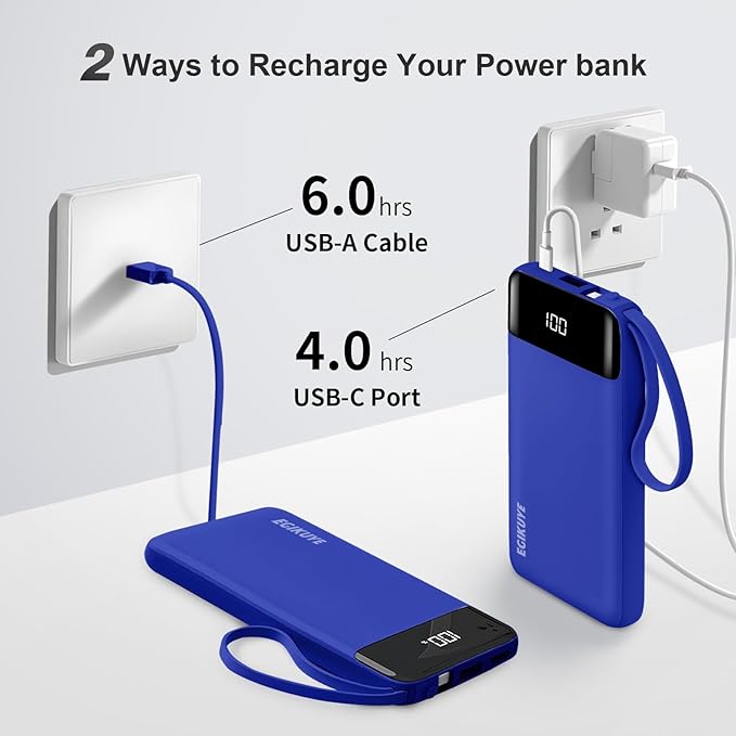 Power Bank 10000mAh Portable Charger with 4 Built-in Cables, Type-C in & Out Phone Charger, External Battery Charger Pack & Travel Essential for iPhone 16/15/14, Samsung, iPad, Android