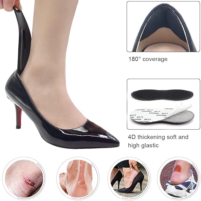 Dr.Foot Heel Grips for Men and Women, Self-Adhesive Heel Cushion Inserts Prevent Slipping, Rubbing, Blisters, Foot Pain, and Improve Shoe Fit - 2pairs + Extra 1 Shoe Horn (Black)