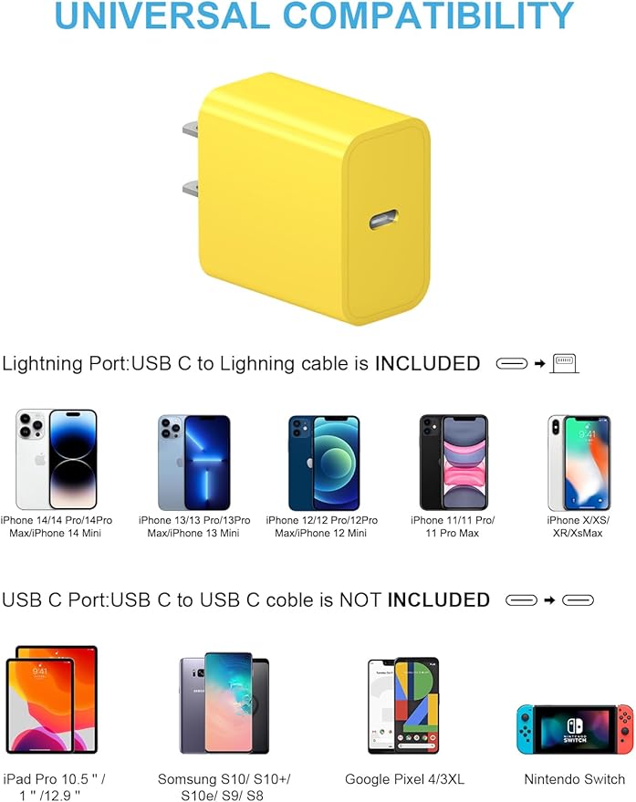 10FT iPhone 14 13 12 Charger Fast Charging 20W PD USB C Wall Charger with 10FT Fast Charging Cable Compatible iPhone 14/13/12/11/Pro/Pro Max/Mini/Xs Max/XR/X, iPad - Yellow