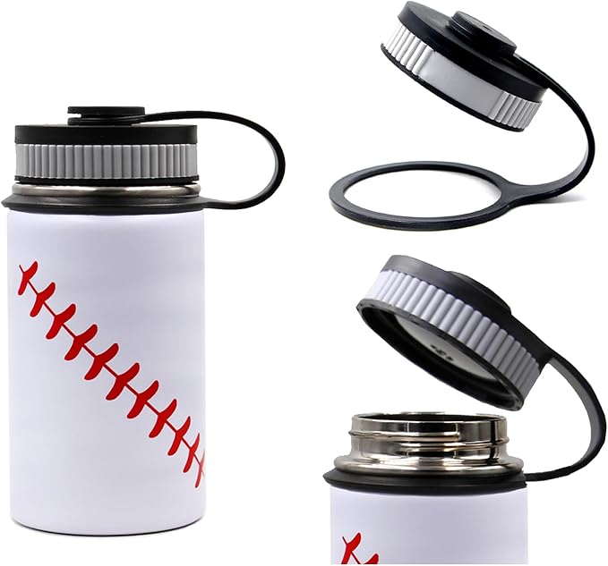 12 oz Baseball Water Bottle, Sports Cup Flask Metal Travel Mug with 2 Lids, Stainless Steel Double Wall Vacuum Leak Proof Insulated Water Bottles, Baseball Accessories Gifts for Boys Girls 8-12 Player