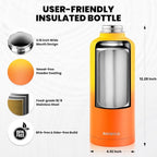 Insulated Water Bottle 87 oz, Triple Wall Vacuum Stainless Steel (Cold for 48 Hrs), Leak Proof & Non-BPA, Modern Water Flask Jug with Paracord Handle & Straw Spout Lids, Ombre Orange