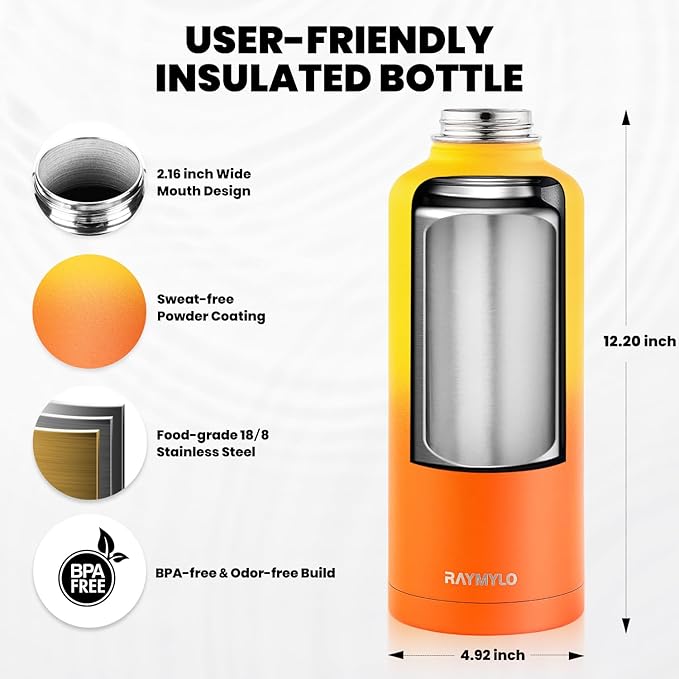 Insulated Water Bottle 87 oz, Triple Wall Vacuum Stainless Steel (Cold for 48 Hrs), Leak Proof & Non-BPA, Modern Water Flask Jug with Paracord Handle & Straw Spout Lids, Ombre Orange