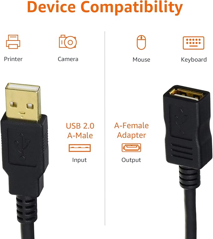Amazon Basics 10-Pack USB-A 2.0 Extension Cable, Male to Female, 480Mbps Transfer Speed, USB Extender, 6.5 Foot, Black