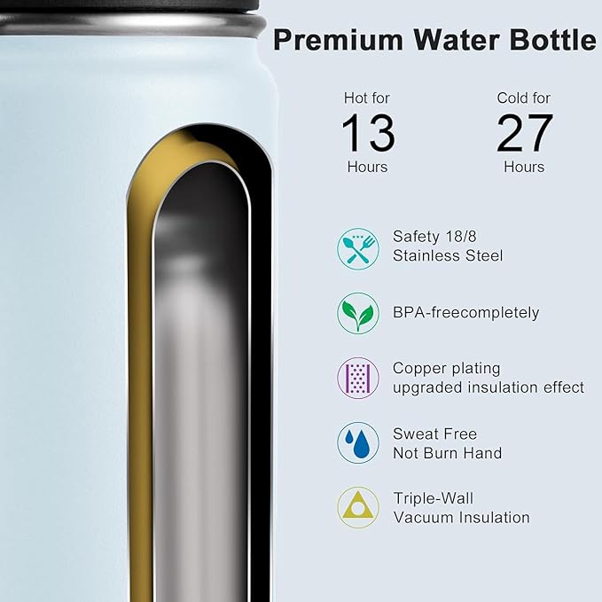 koodee 26 oz Insulated Water Bottle Stainless Steel Double Wall Vacuum Metal Sports Water Bottle with Leakproof Spout Lid, Wide Mouth Water Bottle (bby blue)
