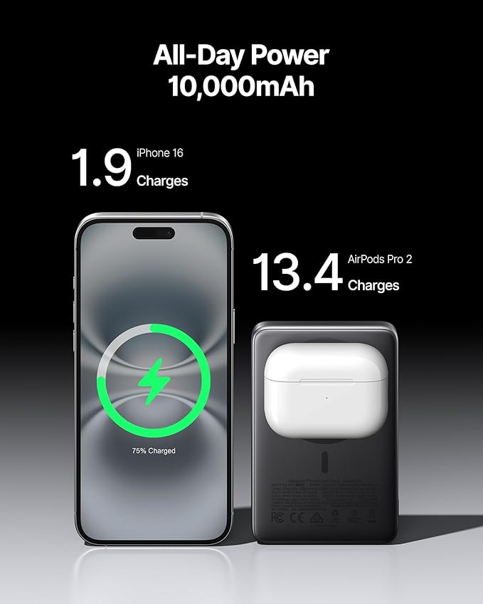 INIU for MagSafe Slimmest Portable Charger, Original Qi2 Certified Wireless Fast Charging, 10000mAh 45W Power Bank with USB C Cable & Stand, Flight Safe Magnetic Battery Pack for iPhone 17-12 Series
