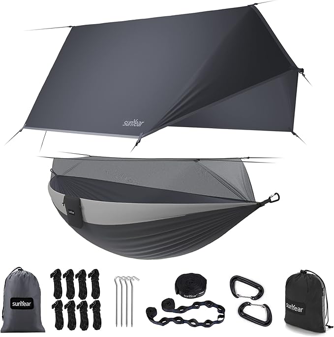 Sunyear Camping Hammock, Portable Single & Double Hammock with Net, 2 Person Hammock Tent with 2 * 10ft Straps, Best for Outdoor Hiking Survival Travel