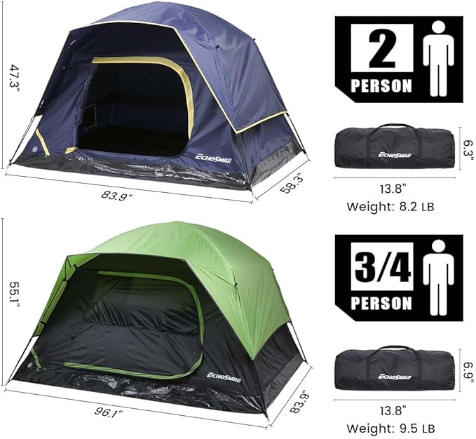 EchoSmile 2/4 Person Camping Tent, Lightweight Dome Family Tent with Rainfly, Easy Setup, Waterproof & Windproof Outdoor Shelter for Group Hiking, Backpacking, 3-Season Use