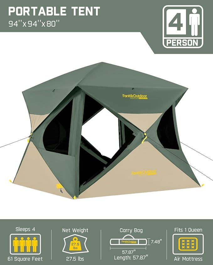 FanttikOutdoor Alpha C4 Ultra Camping Tent 4 Person Pop Up Instant Cabin Setup in 60 Seconds Portable Hub Tent with Rainfly & Windproof for Outdoor Camping & Overlanding