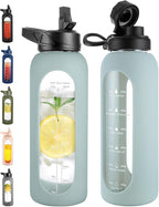 CIVAGO 40 oz Glass Water Bottle with Straw and Handle, Large Sports Motivational Water Bottle Flask with Time Marker and 2 Lids, Leakproof Water Jug Canteen with Silicone Sleeve for Gym,Sage