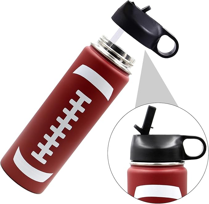 22 oz Football Water Bottle, Sports Cup Flask Metal Thermo Travel Mug with 2 Lids, Stainless Steel Double Wall Vacuum Leakproof Insulated Water Bottles, Football Accessories Stuff Gifts for Boys Girls