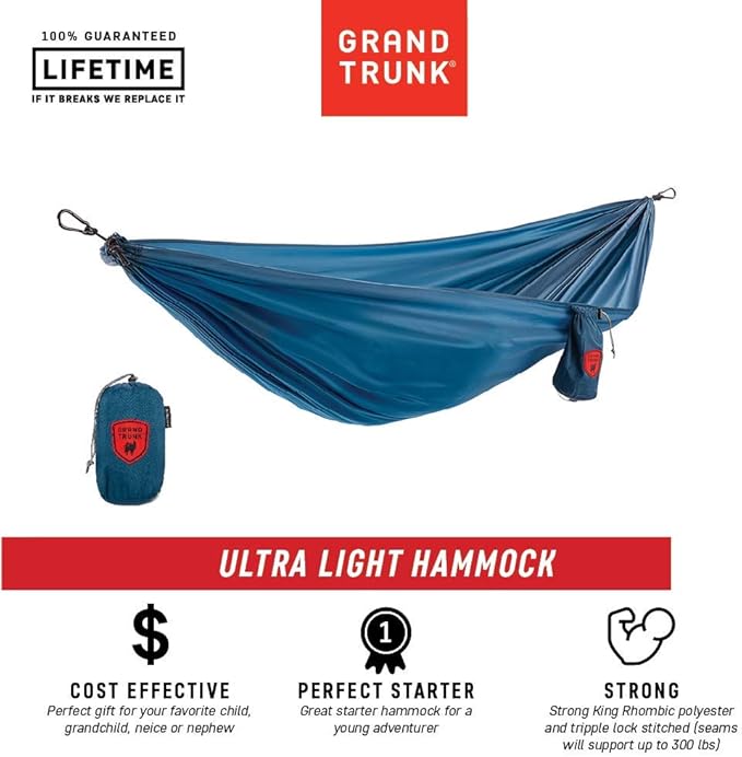 Grand Trunk | Ultralight Camping Hammock | Best Single Size Starter Hammock | Portable for Camping, Hiking, Backpacking, Beach, & Travel (Blue)