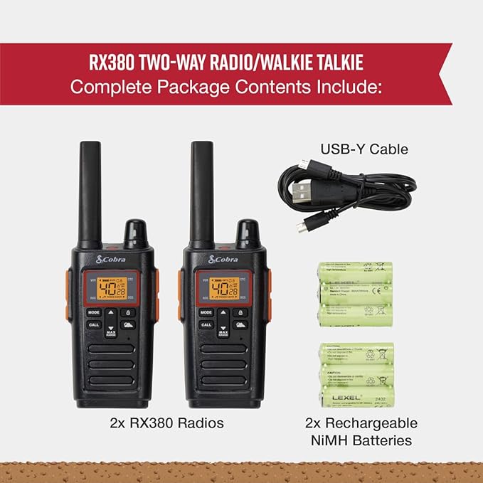 Cobra RX380 Walkie Talkies (2-Pack) – Weather Resistant Two Way Radios Long Range, 40 Pre-Programmed Channels, Weather Alerts, LED Flashlight, Long-Life NiMH Batteries (Black)