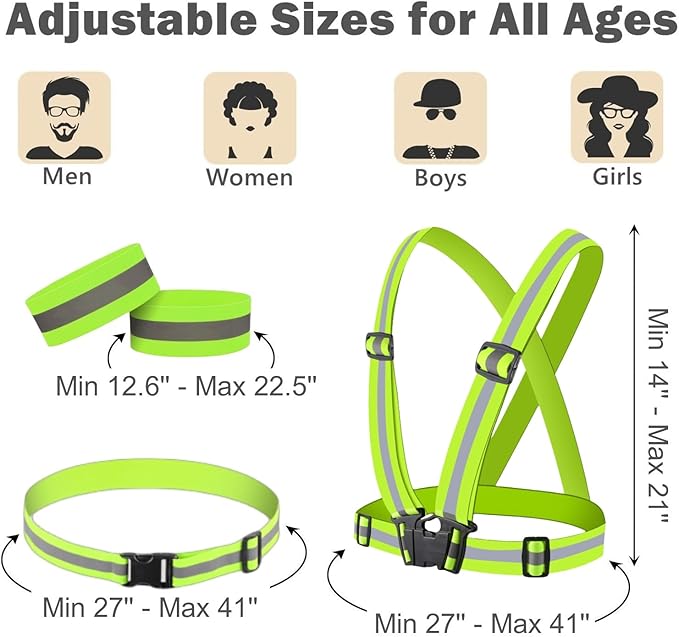 Reflective Running Gear Reflective Vest & Reflective Armband & Reflective Belt 3 Pcs Set, High Visibility Reflective Gear Night Cycling Walking Safety Vest Straps for Men Women Kids