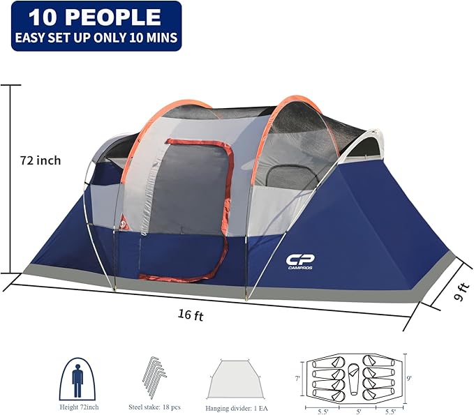 CAMPROS CP Camping Tent 10 Person Family Cabin Tent, 2 Room Water Resistant Waterproof Tent with Top Rainfly, 4 Large Mesh Windows, Double Layer, Easy Set Up, Portable with Carry Bag, 16ft x 9ft x72in