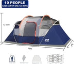 CAMPROS CP Camping Tent 10 Person Family Cabin Tent, 2 Room Water Resistant Waterproof Tent with Top Rainfly, 4 Large Mesh Windows, Double Layer, Easy Set Up, Portable with Carry Bag, 16ft x 9ft x72in