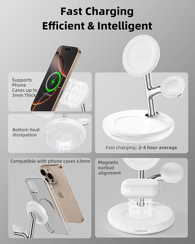 3 in 1 Magnetic Wireless Charger Stand for Apple Devices, TRIBONE Fast Charging Station for iPhone 17/16/15/14/13/12 Series, Apple Watch, Airpods (White)