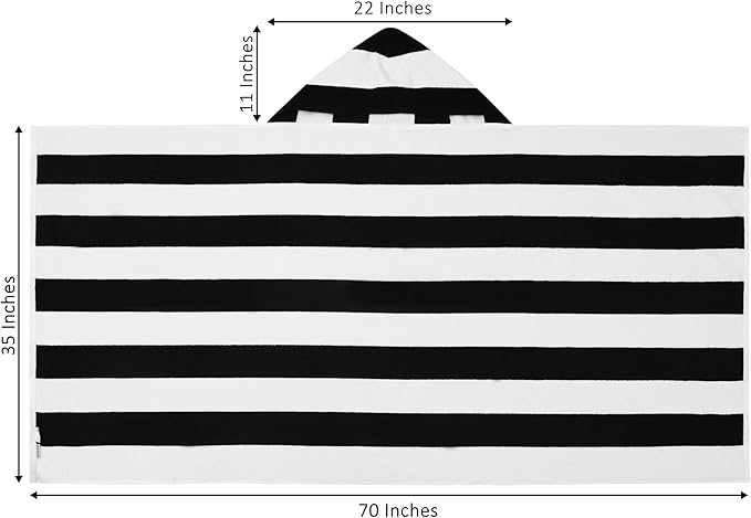 COTTON CRAFT Hooded Beach Towel – Oversized 35 x 70 Towel with Hood for Adults - 100% Cotton Velour Dobby Terry Towel - 450 GSM Pool Bath Wrap - Soft Absorbent Quick Dry – Cabana Stripe Black