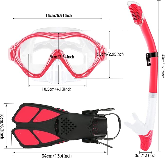 Kids Mask Fins Snorkel Set Snorkeling Packages, with Diving Mask, Snorkel, Adjustable Swim Fins, Mesh Bag, Anti-Fog Anti-Leak Snorkeling Gear for Kids for Snorkeling Swimming Diving