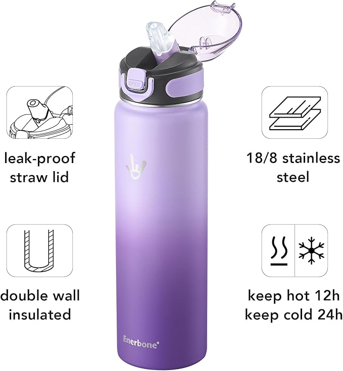 Enerbone 32 oz Insulated Water Bottle, Stainless Steel Bottle with Carrying Strap, Double-Wall Vacuum Insulation Design, Leakproof Sports Bottle with Straw, Keep Drinks Cold or Hot for Hours
