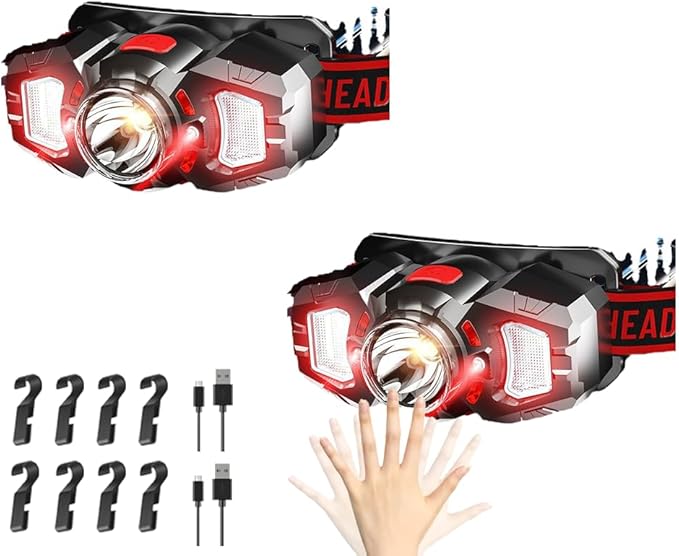2 Headlamps, White&Red LED Headlamp, 70° Up&Down Adjustable, 4 Clips, Motion Switch, 800 Lumens, 500 Feet Distance and 10 Hours Running Time MAX, IPX5 Waterproof, for Camping, Hiking, Fishing