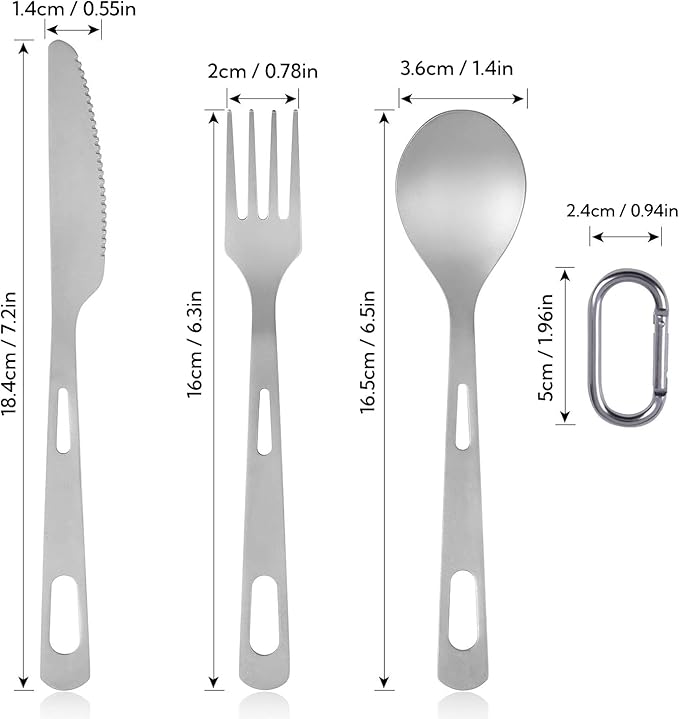 Titanium Camping Utensils Spoon Fork Knife Set Lightweight Camping Cutlery, Travel Utensil Cutlery Set Travel Silverware Set with Carrying Bag and Carabiner for Backpacking Hiking