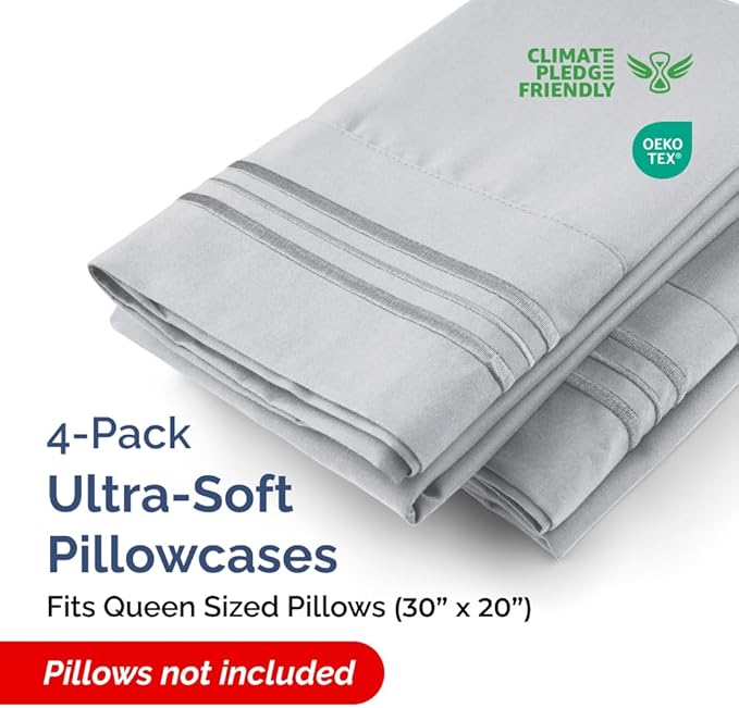 CGK Unlimited Queen Size Microfiber Pillowcase Set of 4 - Soft, Premium Quality, Machine Washable, 20x40, 20x36 & 20x48 Pillows for Sleeping - Steel Blue