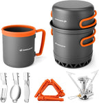 Odoland Camping Pots with Heat Exchanger Camping Cooking Set with Portable Camping Stove Camping Mess Kit Include Mug, Folding Utensil Set, Canister Stabilizer for Backpacking Outdoor Hiking & Picnic