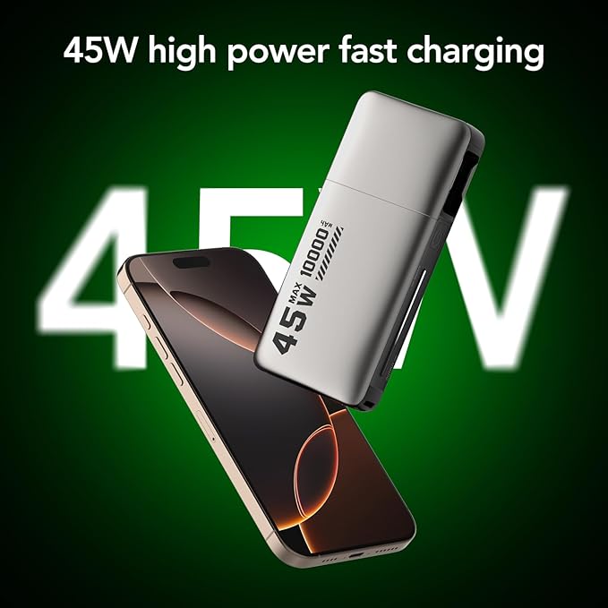 45W Power Bank, Portable Charger Built-in Retractable Cables with LED Display, 10000mAh 2 USB-C Fast Charging Powerbank for iPhone 16/15 Series, MacBook, and More