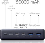 Crave PD Power Bank 50000mAh, PowerPack Portable Battery Pack Charger [Power Delivery PD 3.0 USB-C 100W + Quick Charge QC 3.0 Dual Ports] for MacBook, iPhone, Samsung, and More
