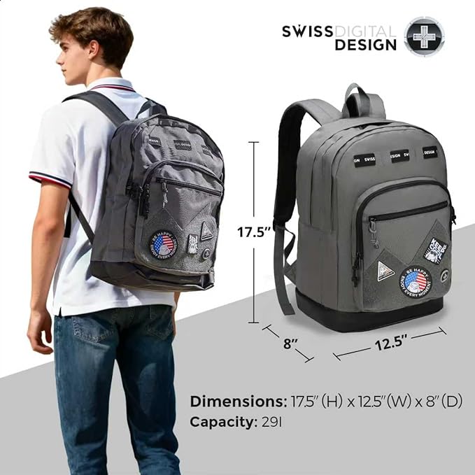 Swissdigital Design Big Student Laptop Backpack with Fun Personalized Patches For College Boys & Girls, Middle High School Teen Bookbag Cool Travel Daypack Grey- Includes 3 Patches | SD1718-03
