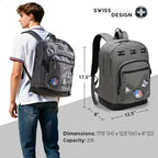 Swissdigital Design Big Student Laptop Backpack with Fun Personalized Patches For College Boys & Girls, Middle High School Teen Bookbag Cool Travel Daypack Grey- Includes 3 Patches | SD1718-03