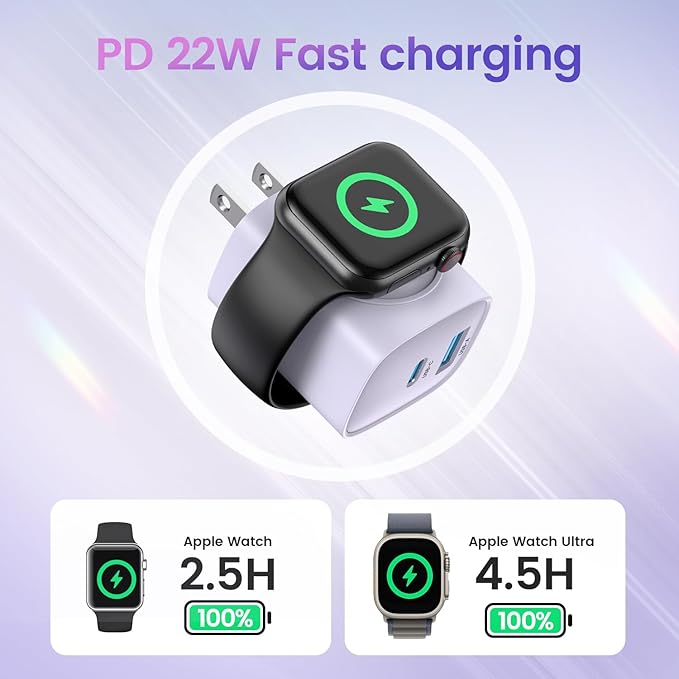 TOPADRE Charger for Apple Watch, USB C Charger Block, 3-in-1 20W Fast Charging, Portable Plug Travel Essential Charge for iWatch Ultra/SE/11/10/ 9/8/ 7/6, iPhone 16/16 Pro/ 15 Series, Purple