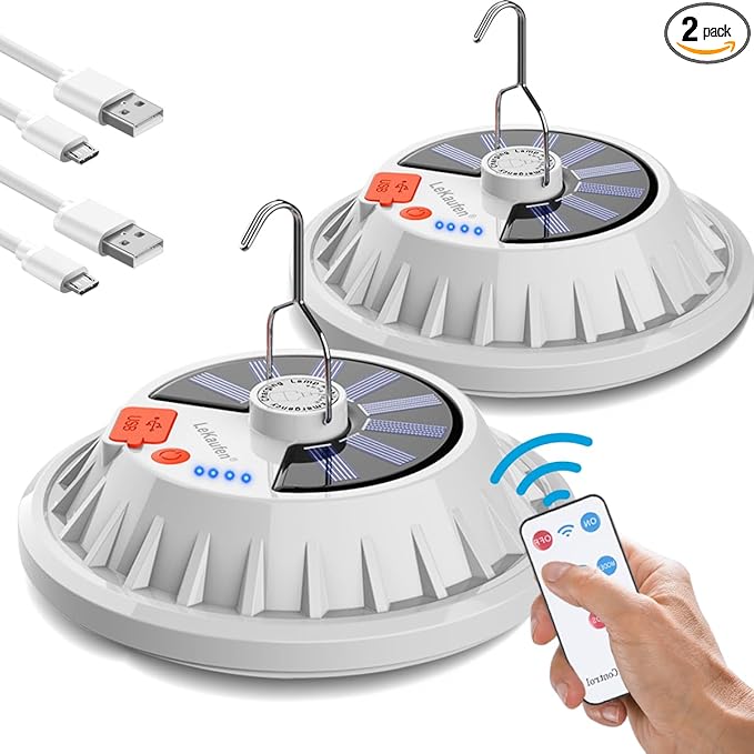 USB Solar Camping Light Remote Tent Light 2 Pack - 4000LM Portable LED Rechargeable Camping Lantern Hanging Waterproof Emergency Light for Camping, Hiking, Power Failure, Hurricane (120 LEDs)