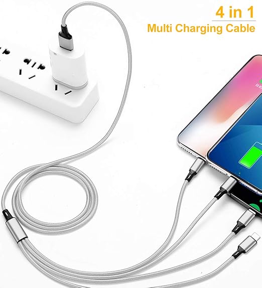 Puxnoin Multi Charging Cable, Multi USB Cable 2Pack 4FT Universal 4 in 1 Multiple USB Cable Fast Charging Cord with Type-C, Micro USB Connectors for Cell Phones Tablets, Silver