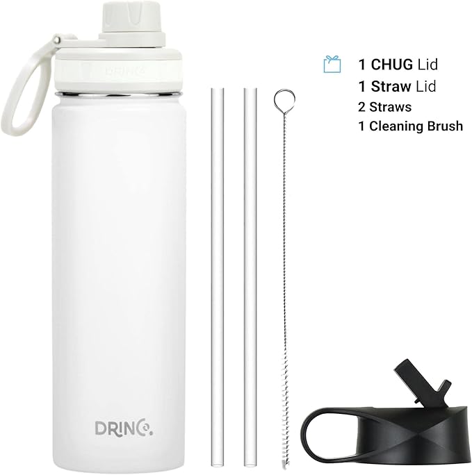 DRINCO Stainless Steel Water Bottle Spout Lid Vacuum Insulated Double Wall Water Bottle Wide Mouth (40oz 32oz 22oz 18oz 14oz) Leak Proof Keeps Cold or Hot (22 oz, 22oz Artic White)