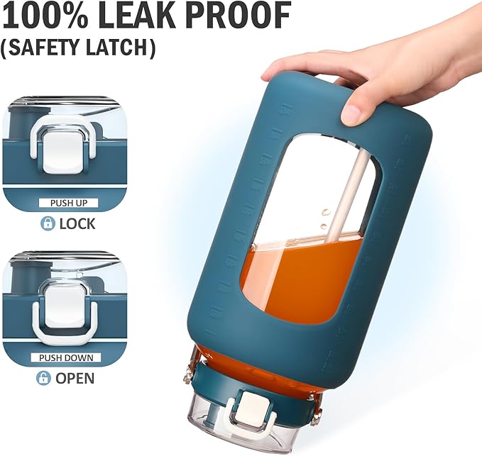 BLUEGO 84oz Water Bottle Glass with Stainless Steel Handle Large 2.5l Water Bottle with Time Markers and Silicone Sleeve Half Gallon Water Jug BPA Free for Gym Daily Use, Dark Blue