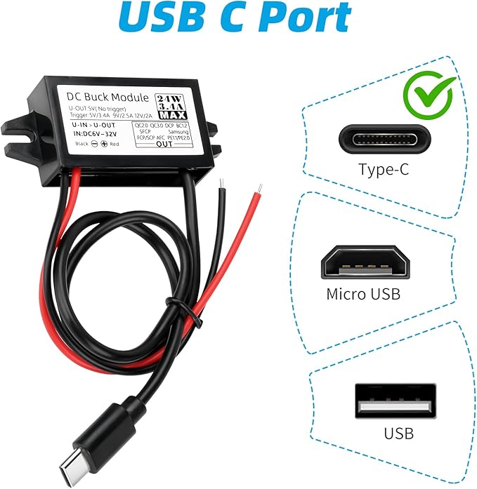 24W DC 12V/24V to 5V3.5A 9V 12V/2A USB C Step Down Converter,Aideepen 3A 24W Type-C Output Charging Module Waterproof Buck Module Power Adapter Compatible with Raspberry Pi 4, Mobile（2-Pack）
