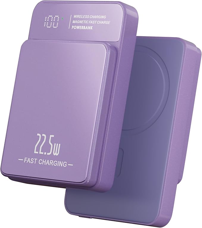 Magnetic Power Bank, 10000mAh Magnetic Portable Charger, 22.5W Wireless Power Bank, USB-C Fast Charging, LED Display Magnetic Battery Pack, Compatible for iPhone17/16/15/14/13 Pro/Pro Max/Plus(Purple)