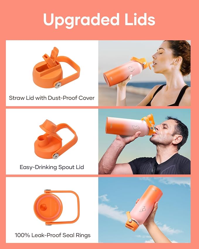 BUZIO 40oz Insulated Water Bottle, Stainless Steel Water Flask with Straw Lid and carrying pouch, Keep Cold 48h Leak Proof Double Wall Vacuum Travel Mug Metal Canteen for Gym Beach, Gradient Orange