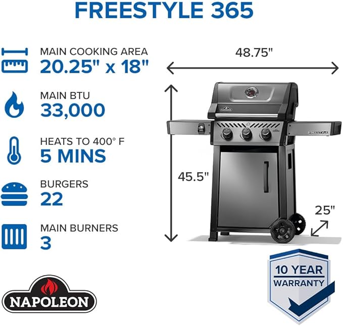 Napoleon Freestyle 365 Propane Gas Outdoor Grill, Graphite Grey – 3-Burner BBQ with Stainless Steel Cooking Grates
