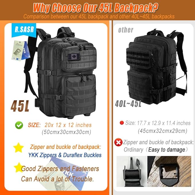 Military Tactical Backpack 45L Large Tactical Backpack for Men, Hiking Rucksack With Bottle Holder