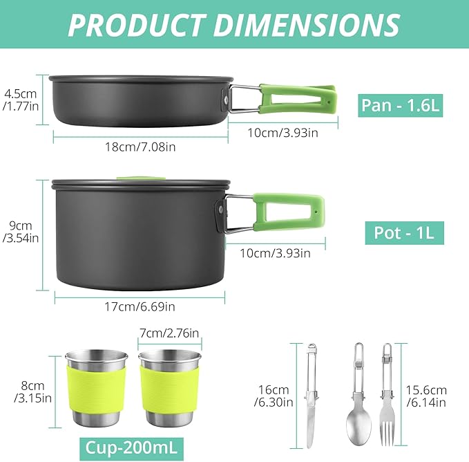 VINTEAM Camping Cookware Set 830g Stainless Steel Pot Pan Set with Folding Handle and Storage Bag for 1-2 Person Outdoor Hiking Camping