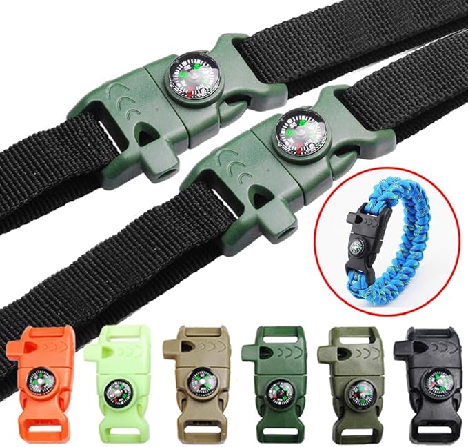 6Pack Assorted 5/8 Inch Compass Whistle Buckles Plastic Paracord Bracelet Outdoor Camping Emergency Survival Travel Kits