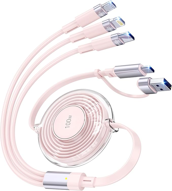 100W 6-in-1 Retractable Multi Charging Cable, USB C/Lightning/Micro Multi Charger Cords for iPhones, iPads, MacBook, Tablets, Galaxy, Note & More - 4Ft/1.2M 5A Fast Charging, Durable & Portable, Pink