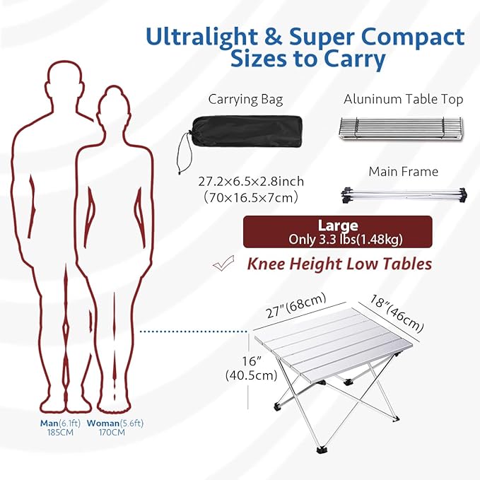 Grope Portable Camping Table with Aluminum Table Top, Folding Beach Table Easy to Carry, Prefect for Outdoor, Picnic, BBQ, Cooking, Festival, Beach, Home (Silver-L)