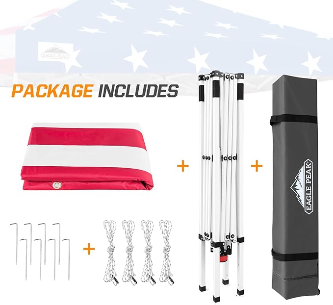 EAGLE PEAK 10x10 Slant Leg Pop-up Canopy Tent Easy One Person Setup Instant Outdoor Beach Canopy Folding Portable Sports Shelter 10x10 Base 8x8 Top (American Flag)