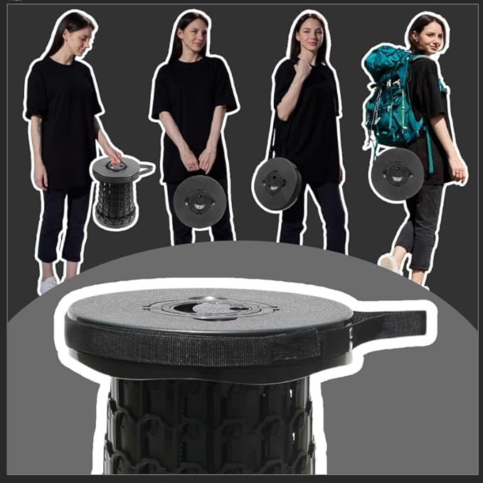 ALEVMOOM 18" Collapsible Stool, 800lbs Max Weight, Heavy Duty Portable Retractable Folding Telescoping Foldable Camping Stool for Adults Outdoor Fishing Travel BBQ (Black)