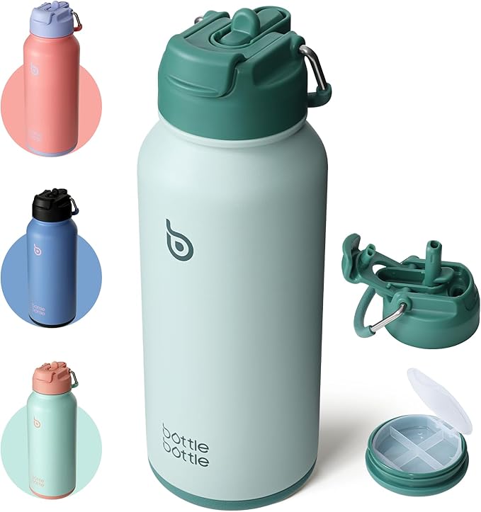BOTTLE BOTTLE 32oz Insulated Water Bottle Stainless Steel Sport Water Bottle with Straw Dual-use Lid Design for Gym with Pill Box